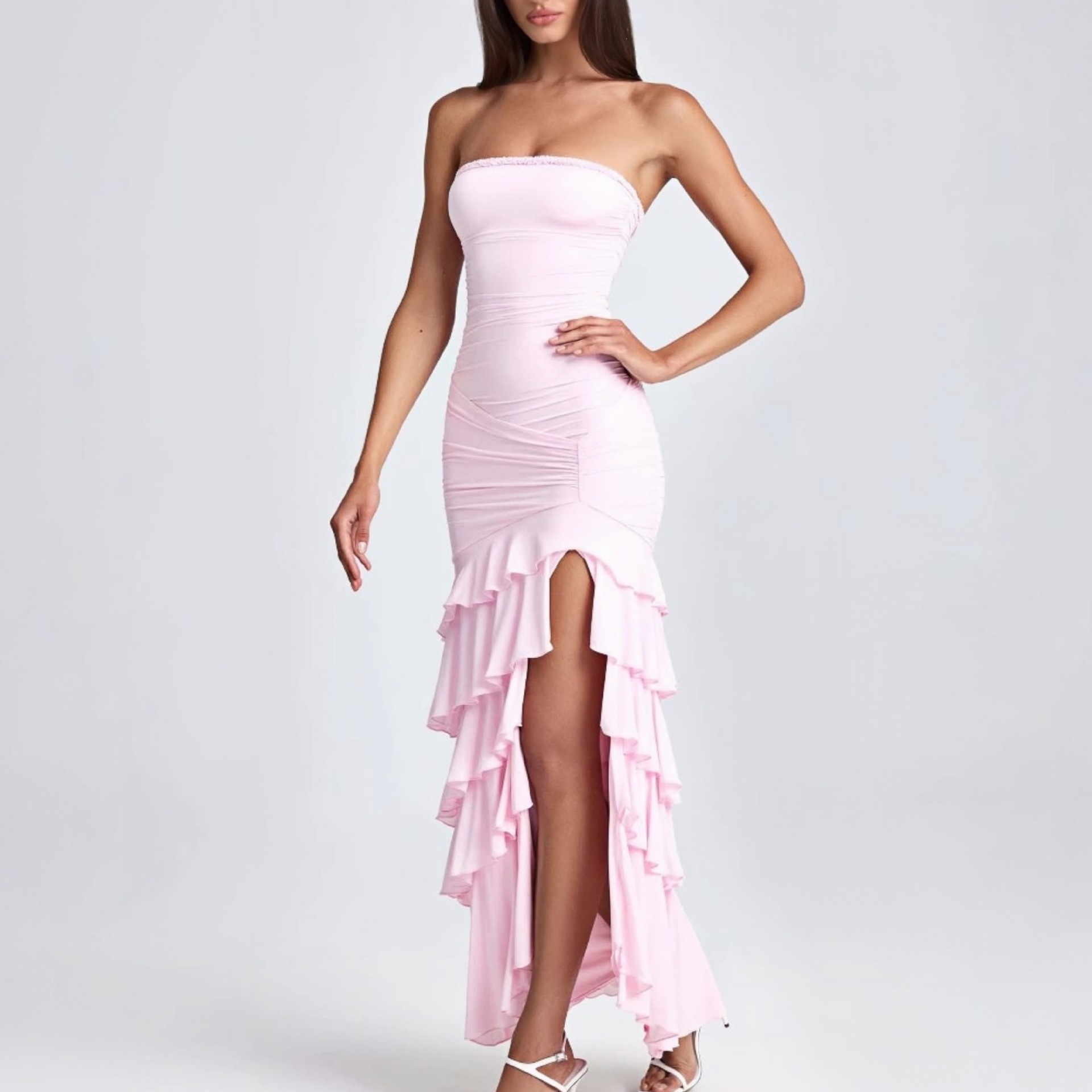 Chest wrapped Pleated Slim Fit Patchwork Split Dress Pink - Shop at LoveMi