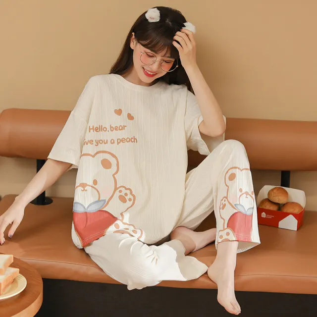 Summer Pajamas Women's Short sleeved Trousers Cotton Two piece Set Q1914 Xl - Shop at LoveMi