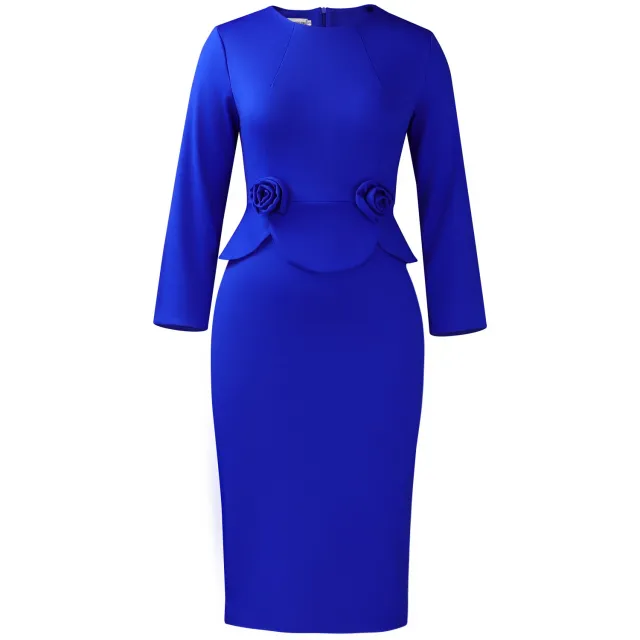New Stylish Round neck Long sleeve Solid color Dress With 3D Floral Detailing Blue - Shop at LoveMi