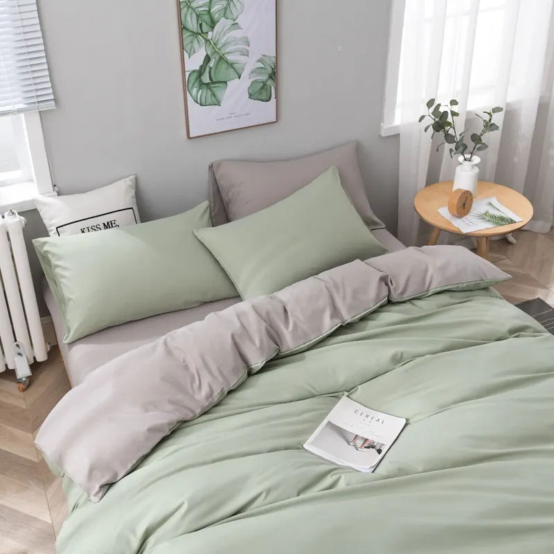 Solid Colour Bedding Quilt Cover Four-piece Set Three-piece Bed Sheet Set - Bean Green Light Grey