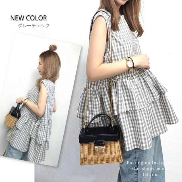 Summer Pure Cotton Sleeveless Ruffled Shirt Gray Lattice Pattern - Shop at LoveMi