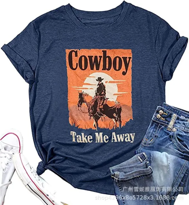 European And American Western Printed Short Sleeve Women's Summer T shirt Navy - Shop at LoveMi