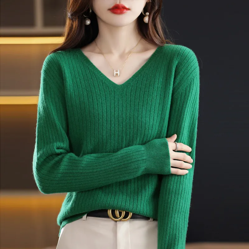 Women's Knitwear V-neck Pullover Base Drawstring Plus Size Short Sweater - Green