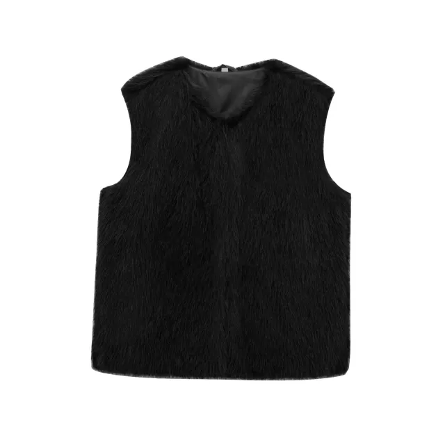 Women's New French Minority Faux Fur Sleeveless Crew Neck Vest Black - Shop at LoveMi