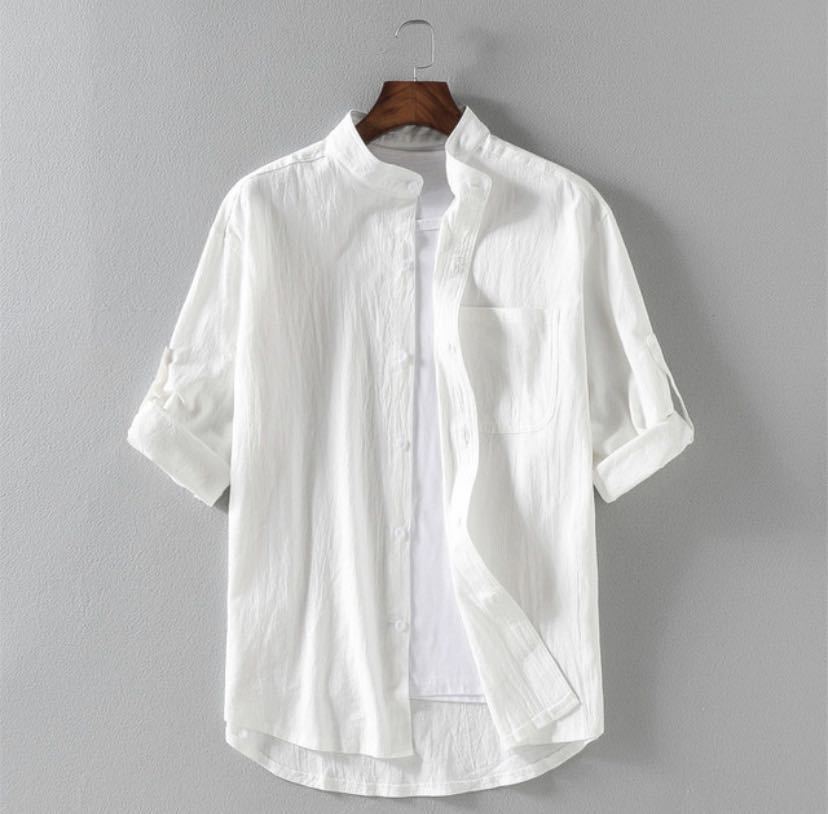 Loose Linen Stand Collar Men's Shirt. Product information: Pattern: solid color, Color: white, black, green, Size: M,L,XL,XXL,XXXL, Style: Cardigan, Fabric name: Cotton, Style: Korean style, Craft: embossing. Note: 1. Asian sizes are 1 to 2 sizes smaller 