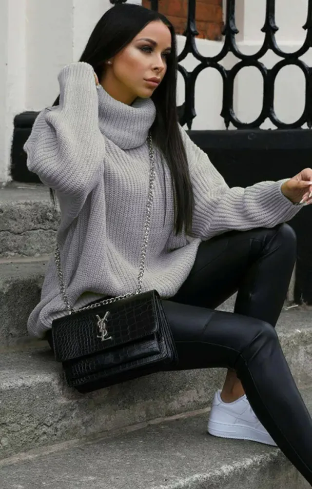 Turtleneck Long Sleeve Sweater Coat Mid length Sweater Gray - Shop at LoveMi