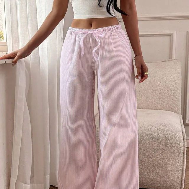 Women's Versatile Solid Color Striped Casual Wide Leg Pants Pink - Shop at LoveMi