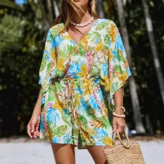 Casual New V-neck Printed Tie-waist Jumpsuit - Green - View 1