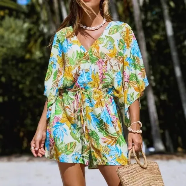 Casual New V neck Printed Tie waist Jumpsuit Green - Shop at LoveMi