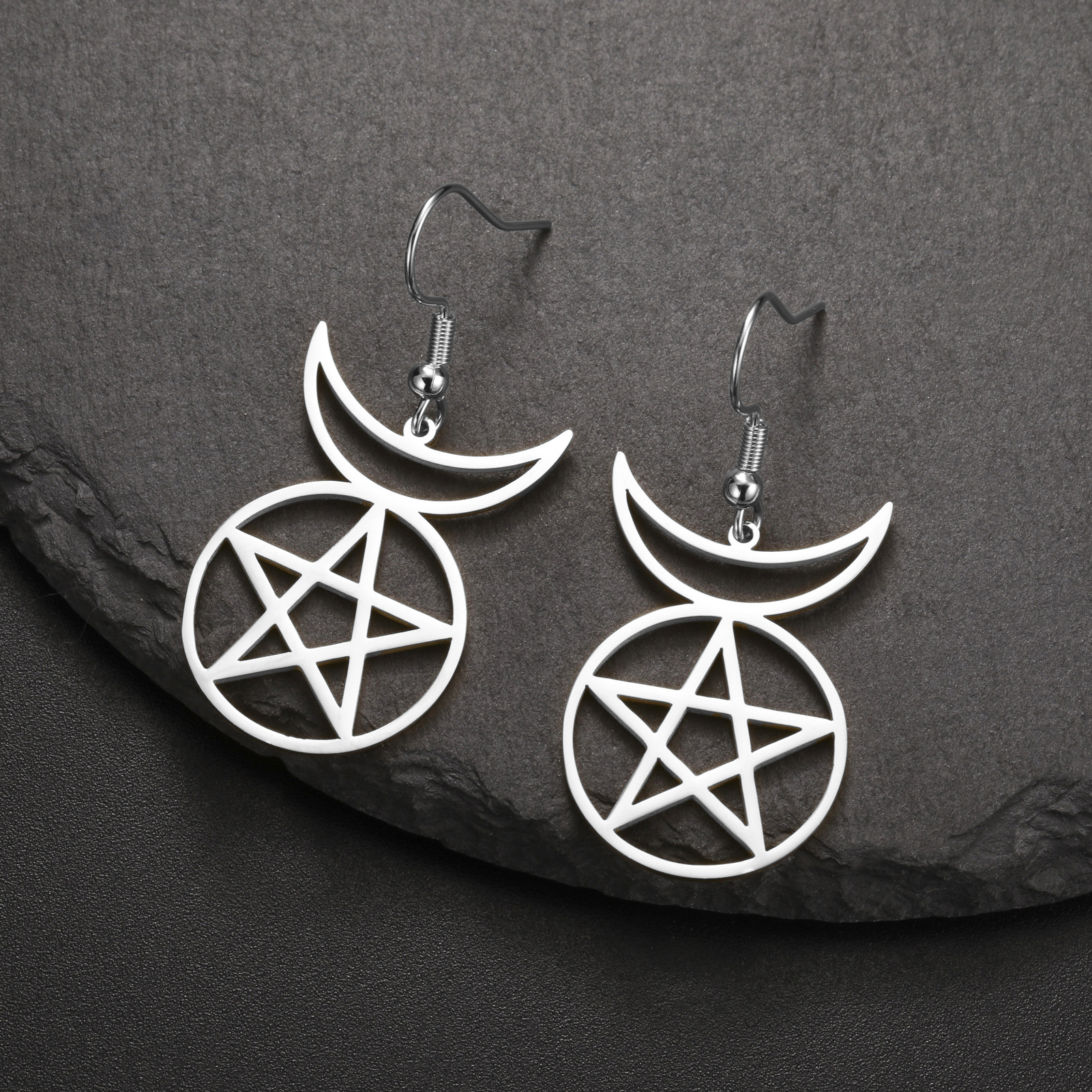 High Profile And Generous Earrings Hollow Out Pentagram Moon Pendant Stainless Steel