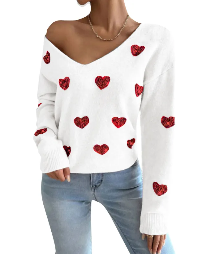 Embroidered V neck Pullover Sweater Women's Top Bleach Color - Shop at LoveMi