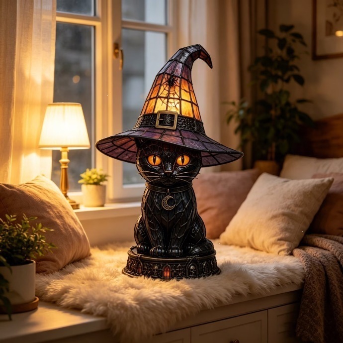 Halloween Witch-Hat Cat Table Lamp Ornament