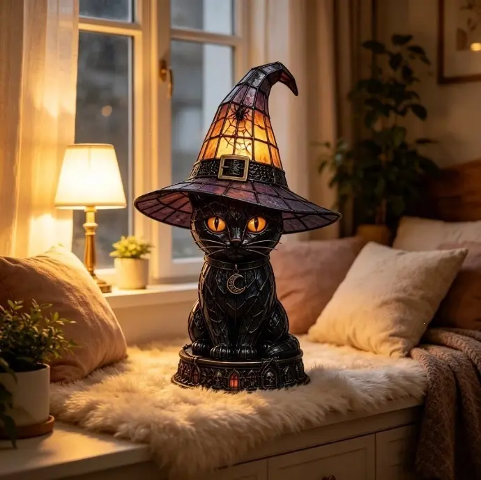 Halloween Witch-Hat Cat Table Lamp Ornament