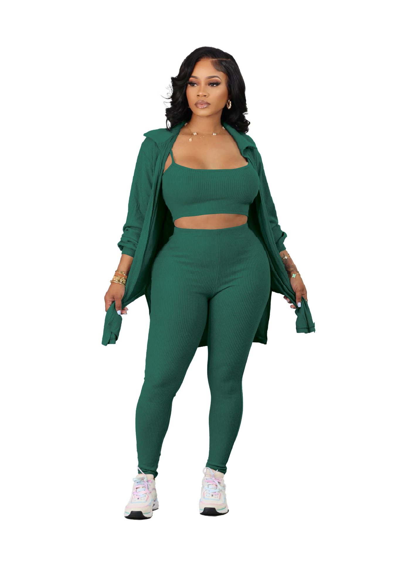 Fashion Casual Home Sling Jacket Small Sunken Stripe Three-piece Set