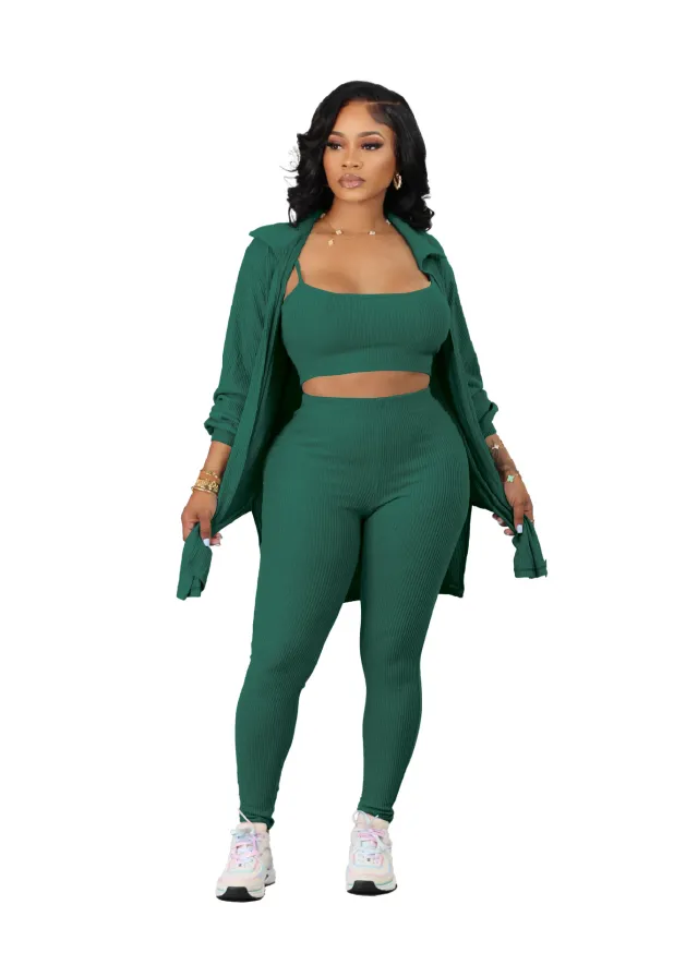 Fashion Casual Home Sling Jacket Small Sunken Stripe Three piece Set 2816 Green - Shop at LoveMi