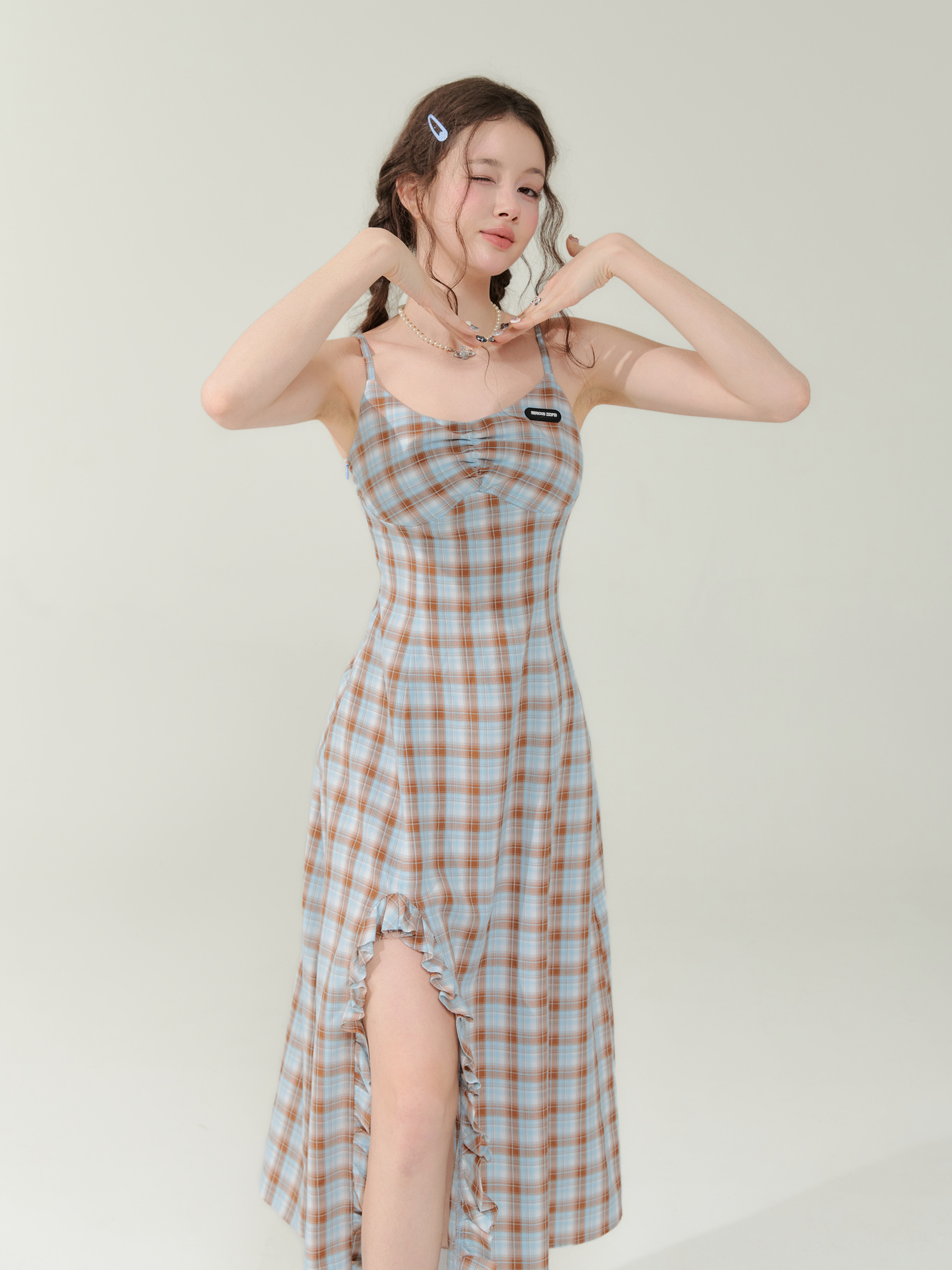 Women's Retro Design Plaid Waist Cinching Suspender Dress