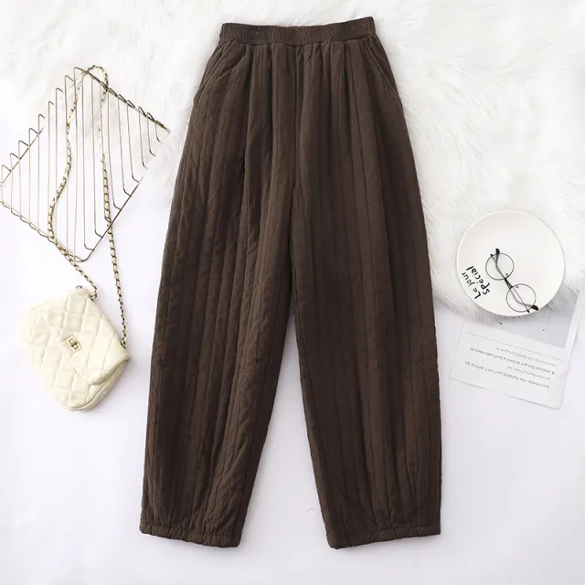 All match Quilted Casual Pants Cotton Sunken Stripe Brown - Shop at LoveMi