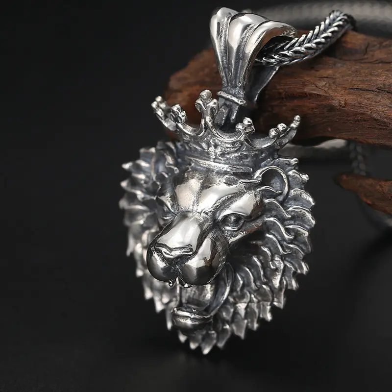 Vintage Distressed Pure Silver Crown Lion Pendant