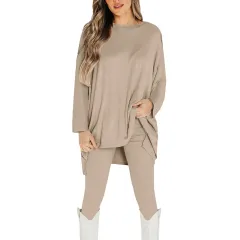 Fresh Sweet Women's Knitted Fashion Casual Polyester Suit - Khaki - View 1