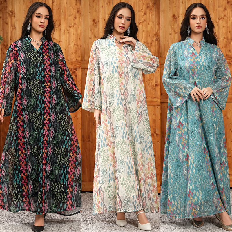 Embroidered Print Long-Sleeve Casual Dress