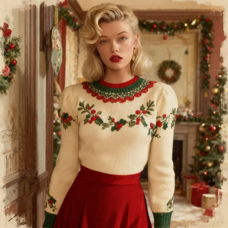 Womens Christmas Top Crew-neck Sweater In Faux Wool - Style 46-L