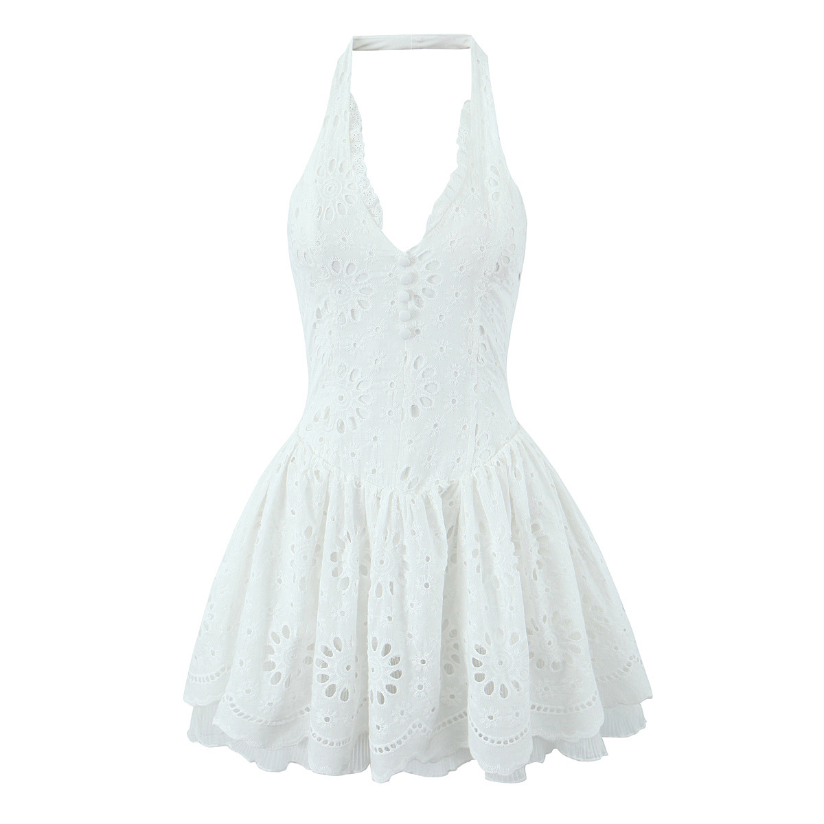 Lace Embroidery Halter Slim Fit Dress White - Shop at LoveMi