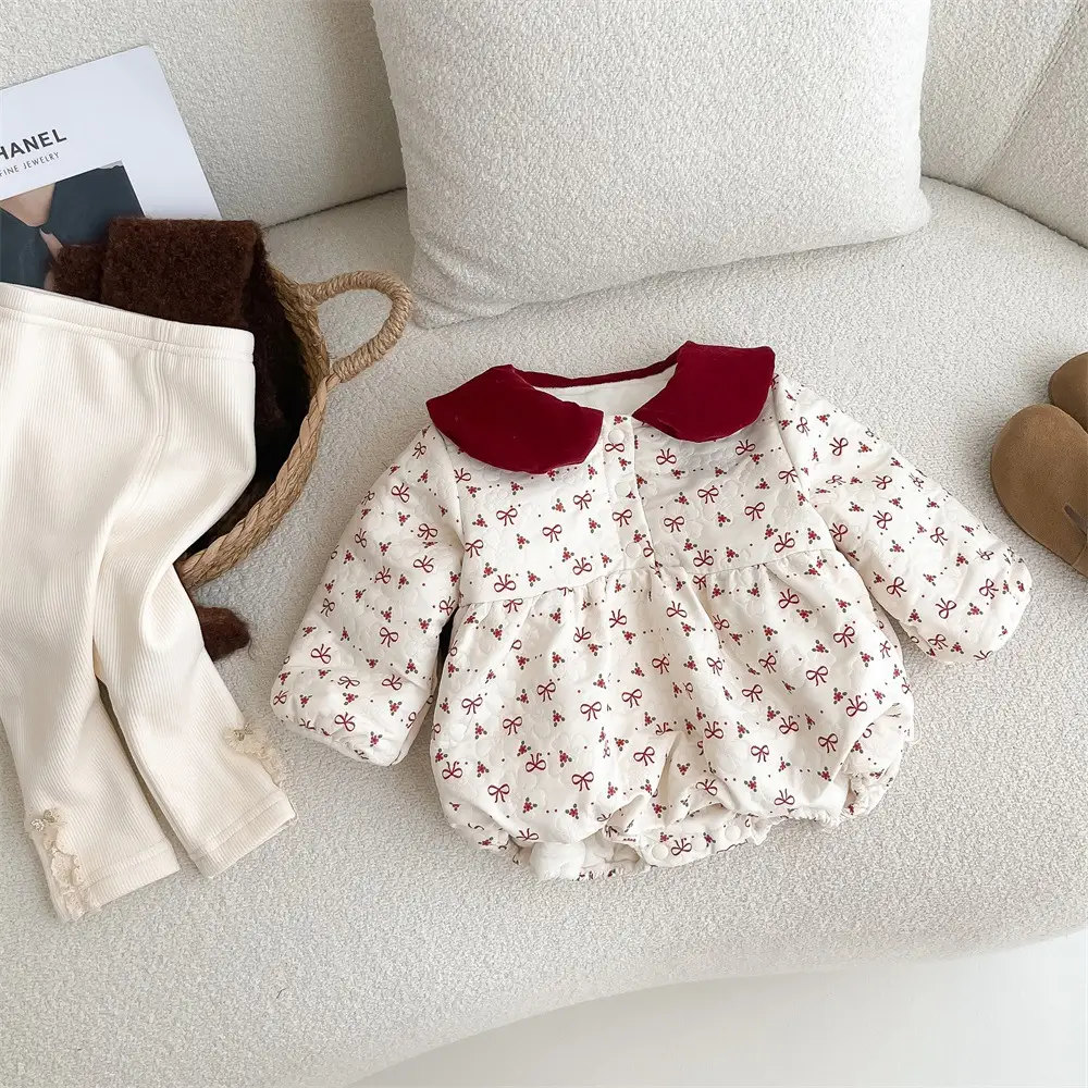Bow Fleece-lined Onesie Full Moon Full Year Baby Suit
