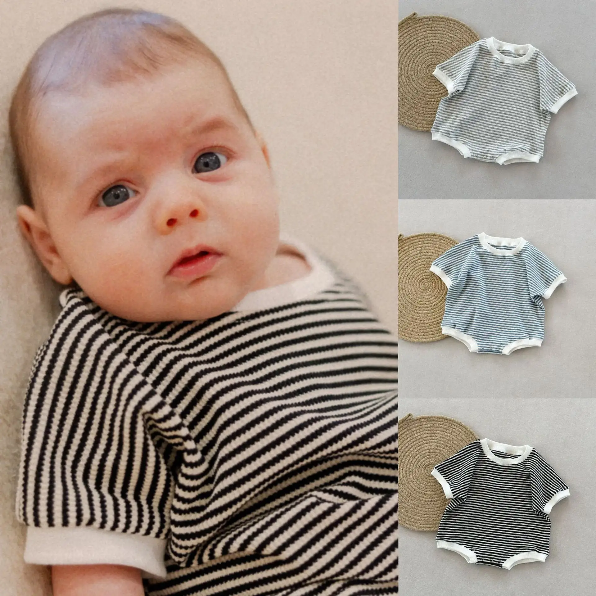 Striped Waffle-Weave Short-Sleeve Baby Onesie Romper Jumpsuit