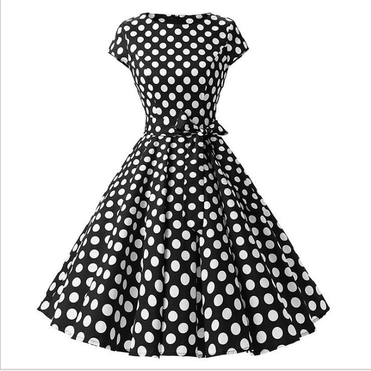 Cotton Series Women's Retro Dress Round Neck Tie Waist Large Swing Skirt