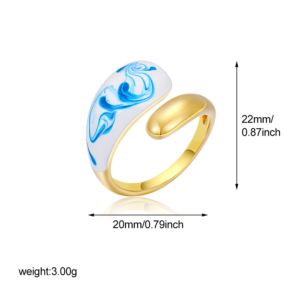 Vintage Enamel Oil-Blue And White Pattern Ring For Women