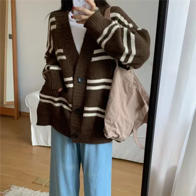 Model Loose Preppy Style Colorblock Sweater Coat Brown - Shop at LoveMi