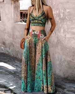 European And American Retro Pattern Short Overall Dress Set - Green - View 1