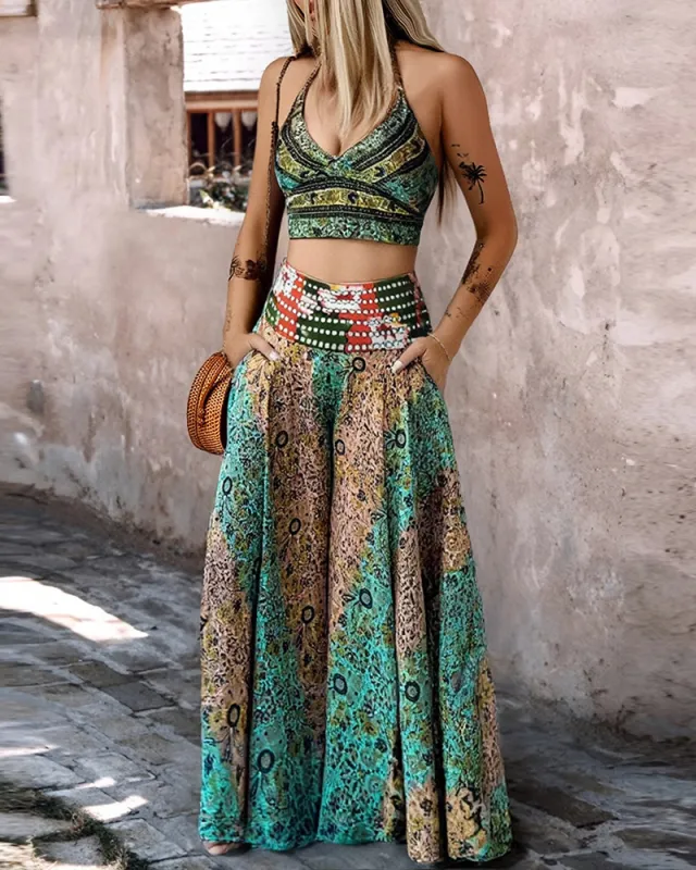 European And American Retro Pattern Short Overall Dress Set Green - Shop at LoveMi