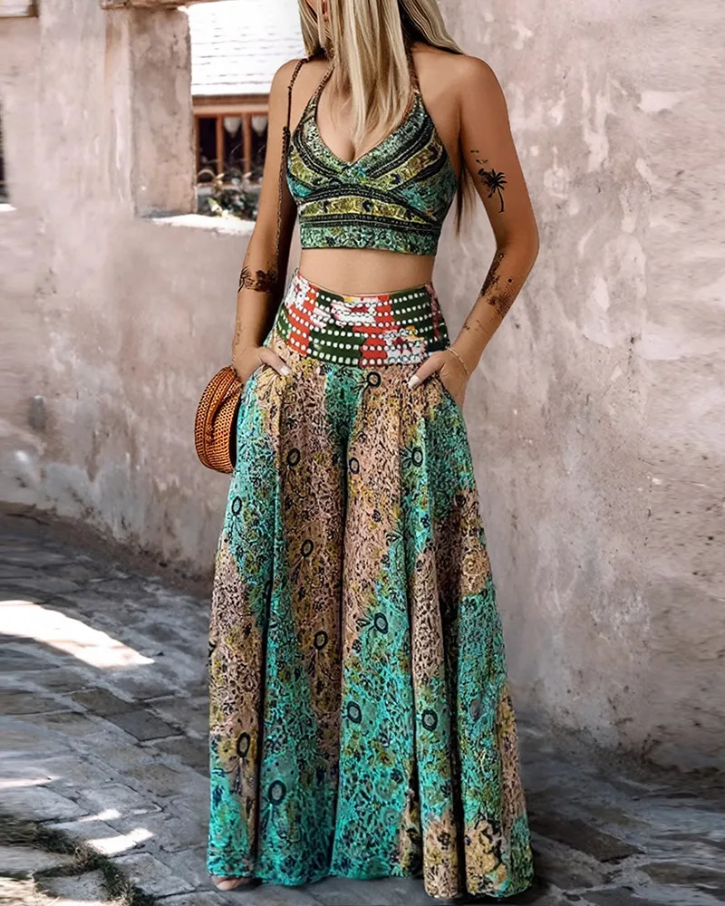 European And American Retro Pattern Short Overall Dress Set - Green