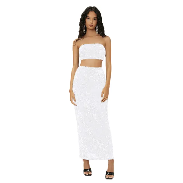 Women's Autumn Suit Sequined Backless Suit Skirt Silver White - Shop at LoveMi