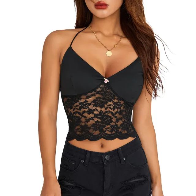 Women's Fashion Lace Splicing Sling Top Black - Shop at LoveMi