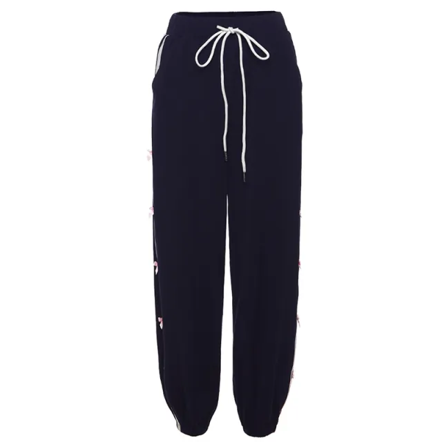 Street Fashion High Waist Straight Ankle Tied Casual Pants Blue - Shop at LoveMi