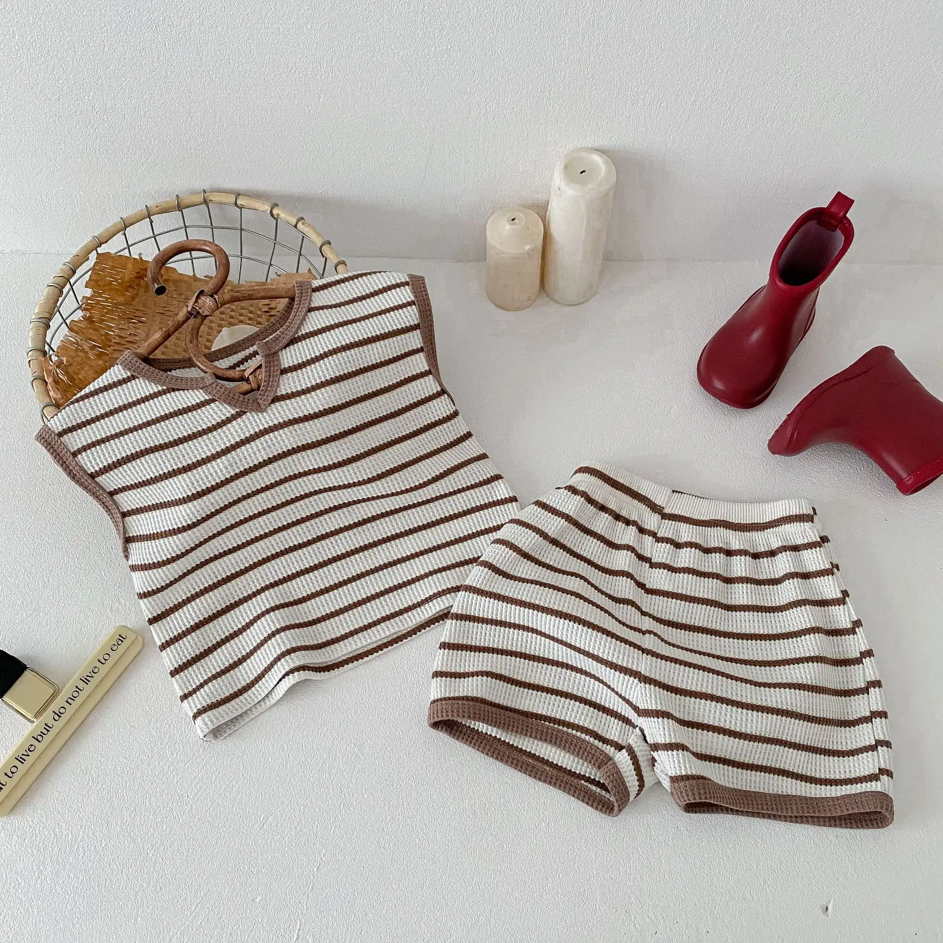 Xia Tong Striped Contrast Color Retro Sleeveless T-shirt Shorts Set