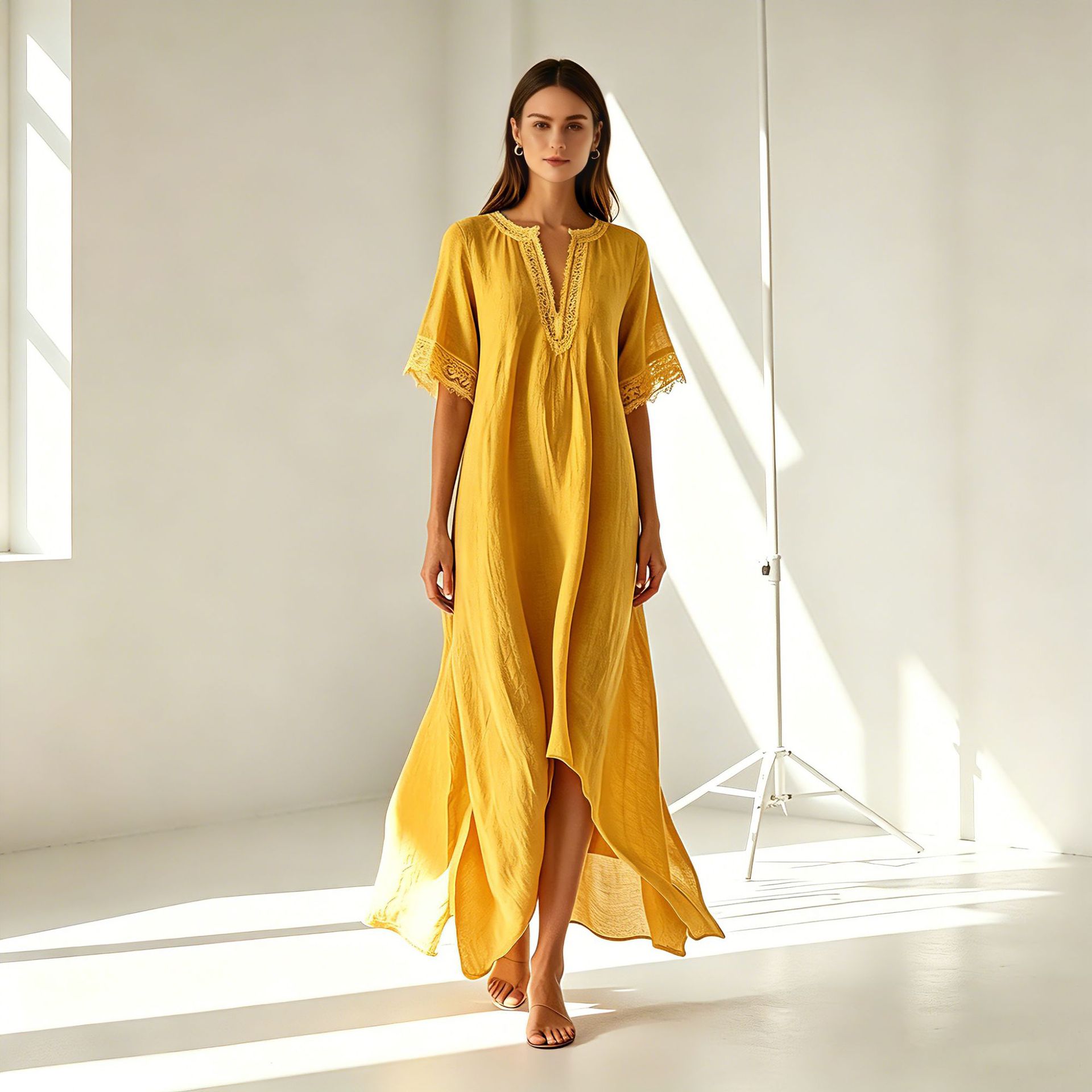 V-neck Short-sleeve Slit Bohemian Resort Dress
