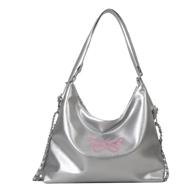 Women's Fashion Casual Soft Leather Large Capacity One shoulder Bucket Bag Silver - Shop at LoveMi