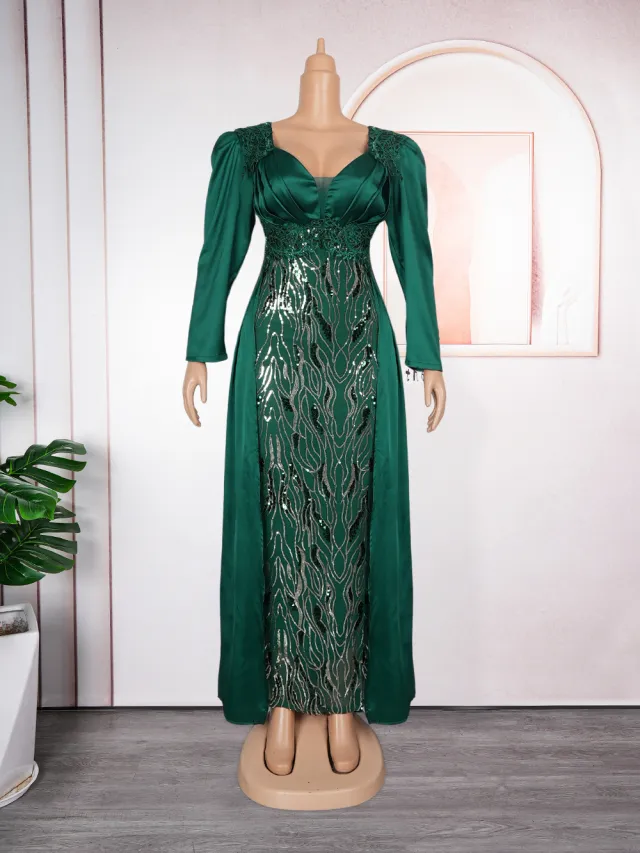 Plus Size Women's Dress V neck Backless Sequined Evening Dress Green - Shop at LoveMi