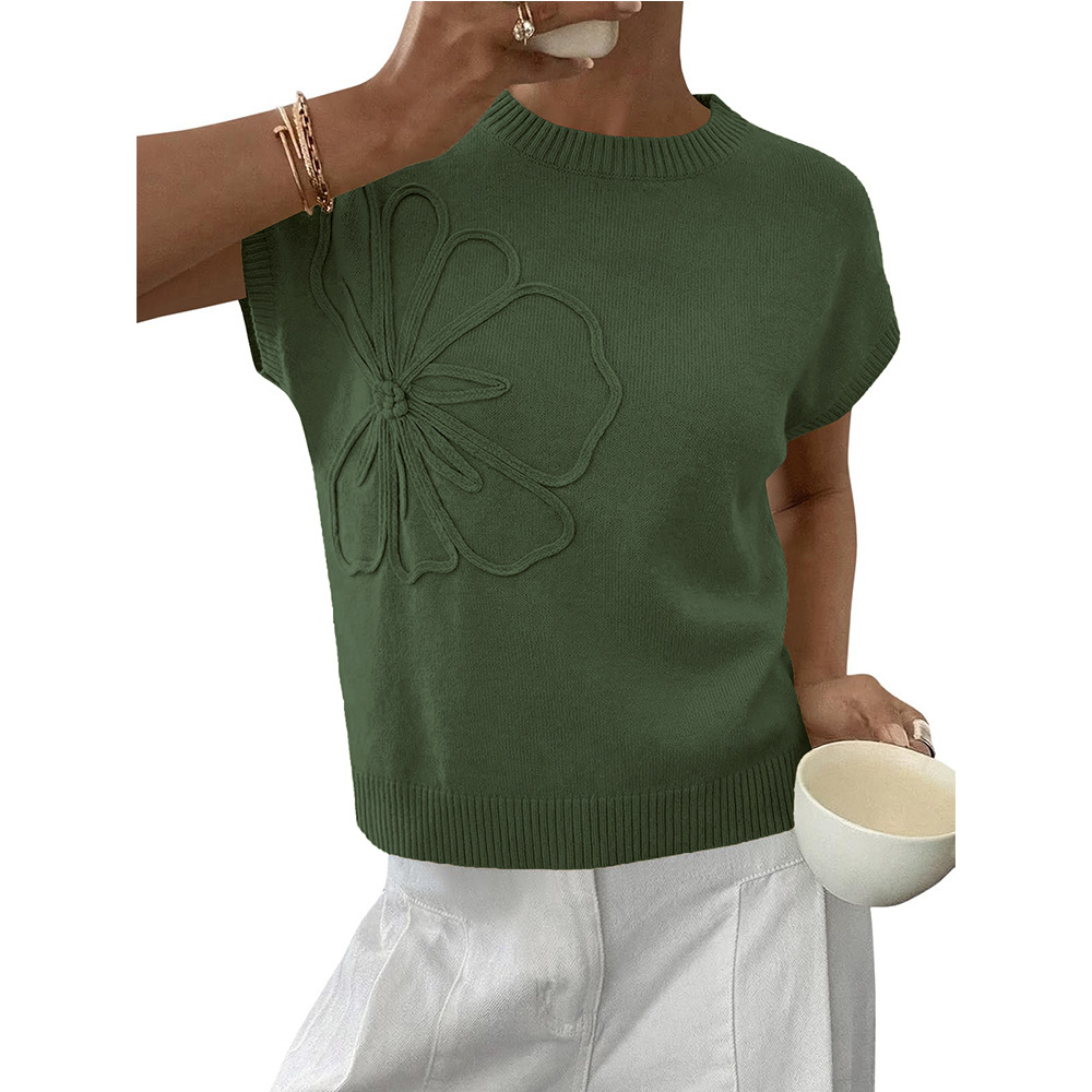 Jacquard Womens Knitted Short-Sleeve Flower Sweater | Soft Casual Top — view 8
