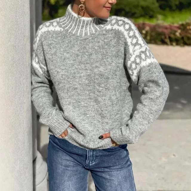Women's Turtleneck Contrast Color Loose Pullover Gray - Shop at LoveMi