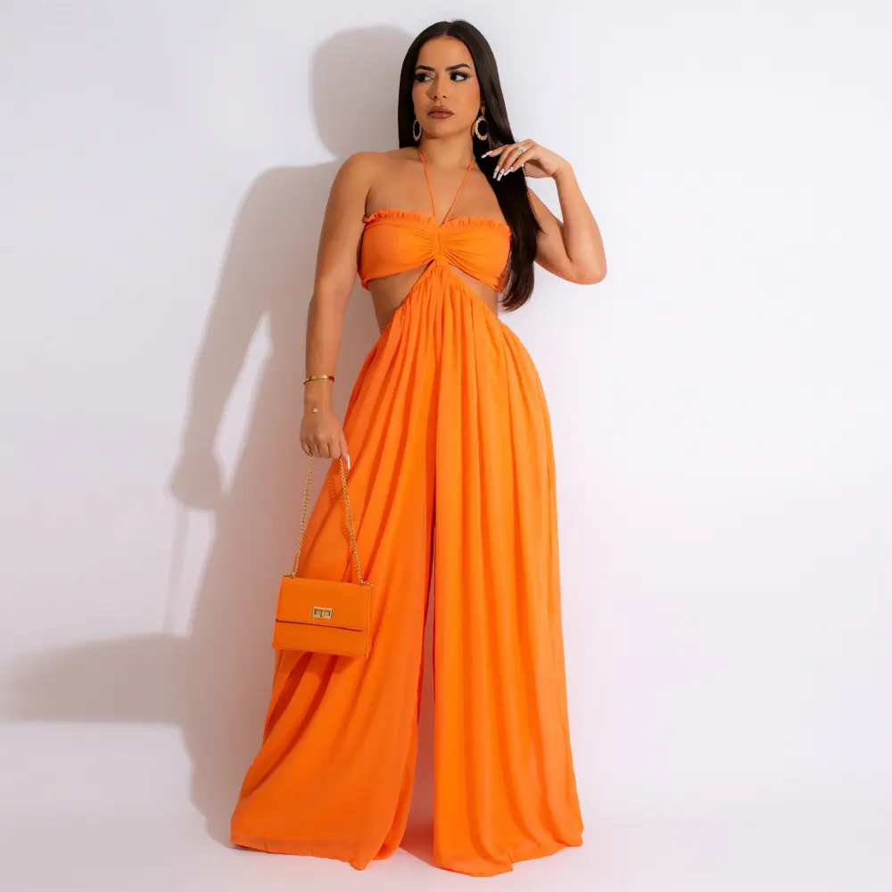 Chiffon Chest-wrapped Bare Back Wide-leg Jumpsuit