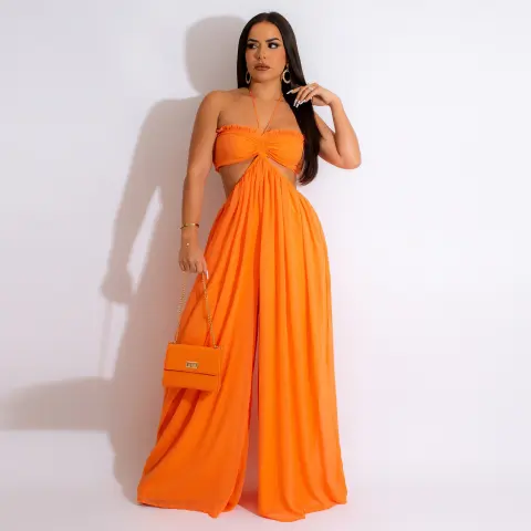 Chiffon Chest-wrapped Bare Back Wide-leg Jumpsuit
