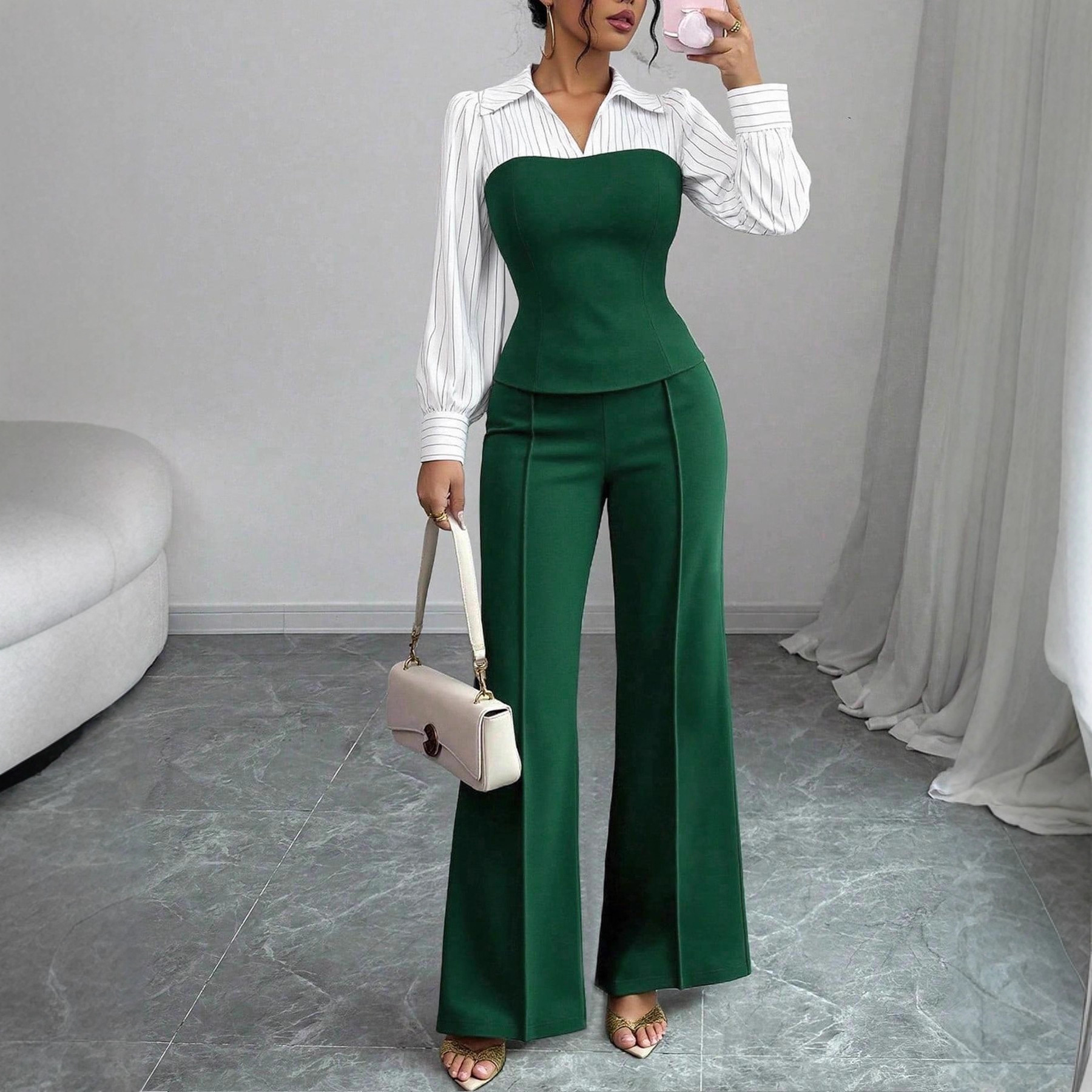 V-neck, Waist-cinching Patchwork Shirt And Pants Set 2-piece