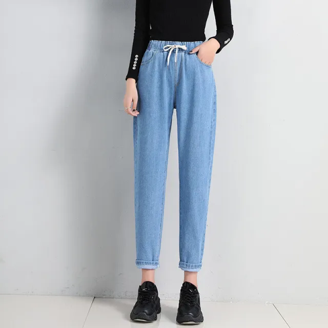 Korean Style Women's Straight Casual Elastic Waist Tied High Waist Student Jeans Light Blue - Shop at LoveMi