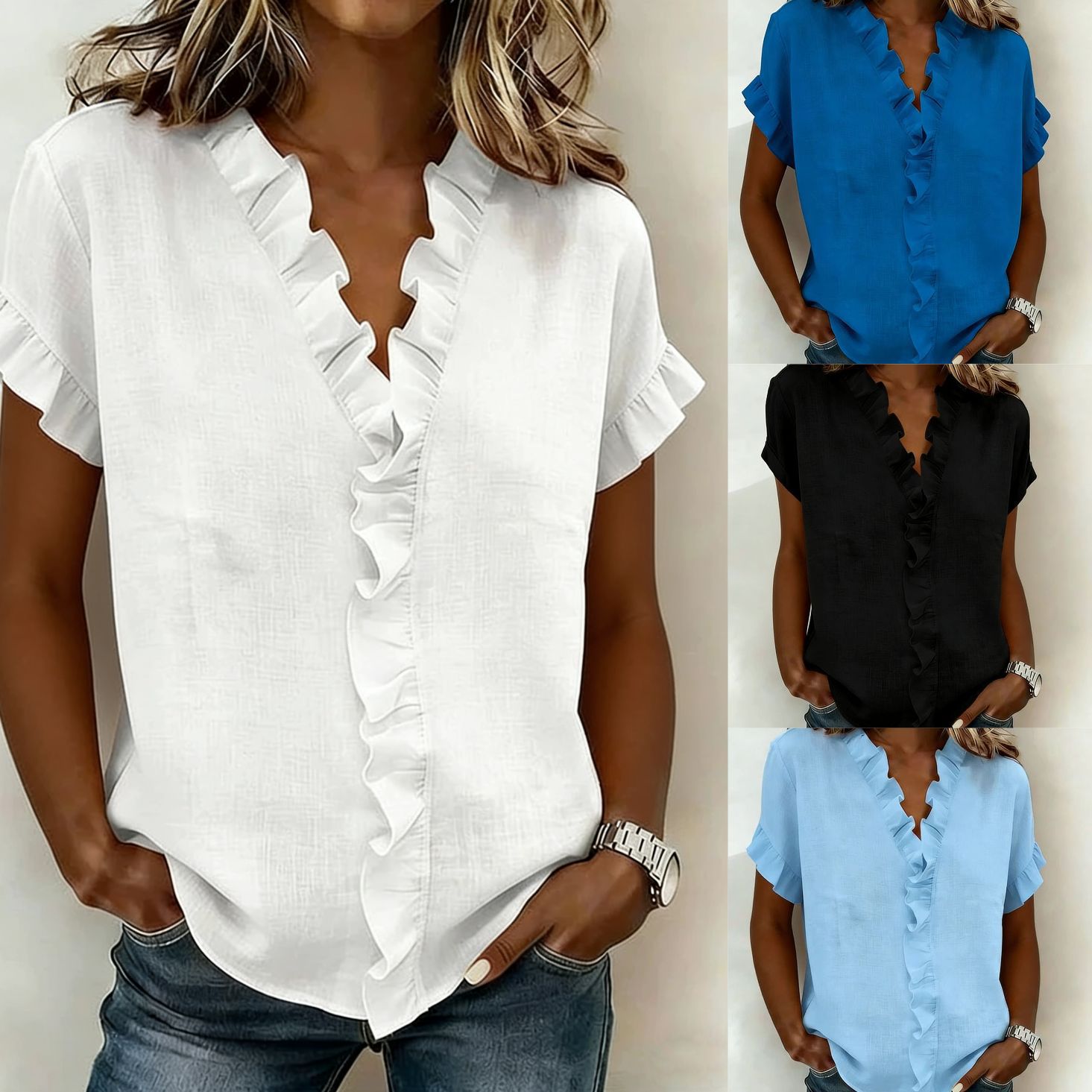 Ruffle sleeve top size reference image, showing fit on model
