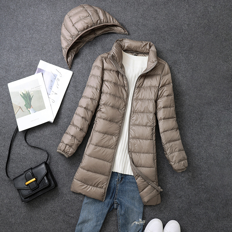 Women's Large Mid-length Hooded Ultra-thin White Duck Down Coat