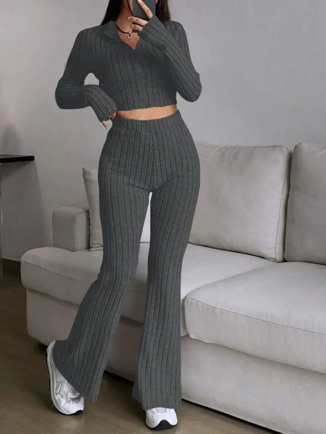 Women's Turtlenecks Wide Leg High Waist Suit Dark Gray - Shop at LoveMi